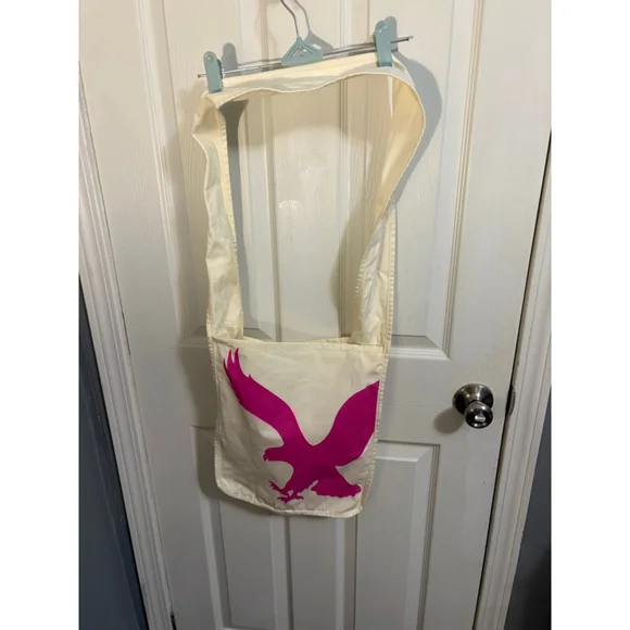 American Eagle Canvas Tote Bag Cream Pink Eagle Logo Shoulder Bag - Picture 4 of 5